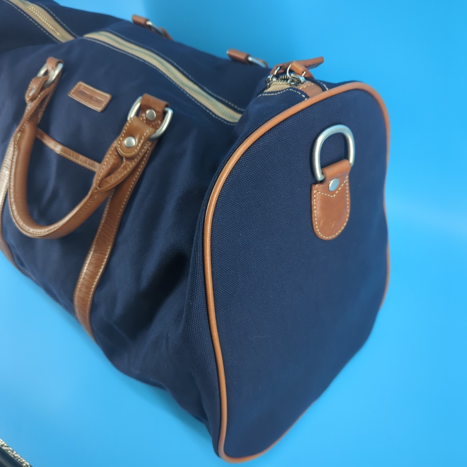 Hook & Albert Navy Blue Canvas Leather Weekender Duffle Travel Bag 21" Luxury — image 3 of 8